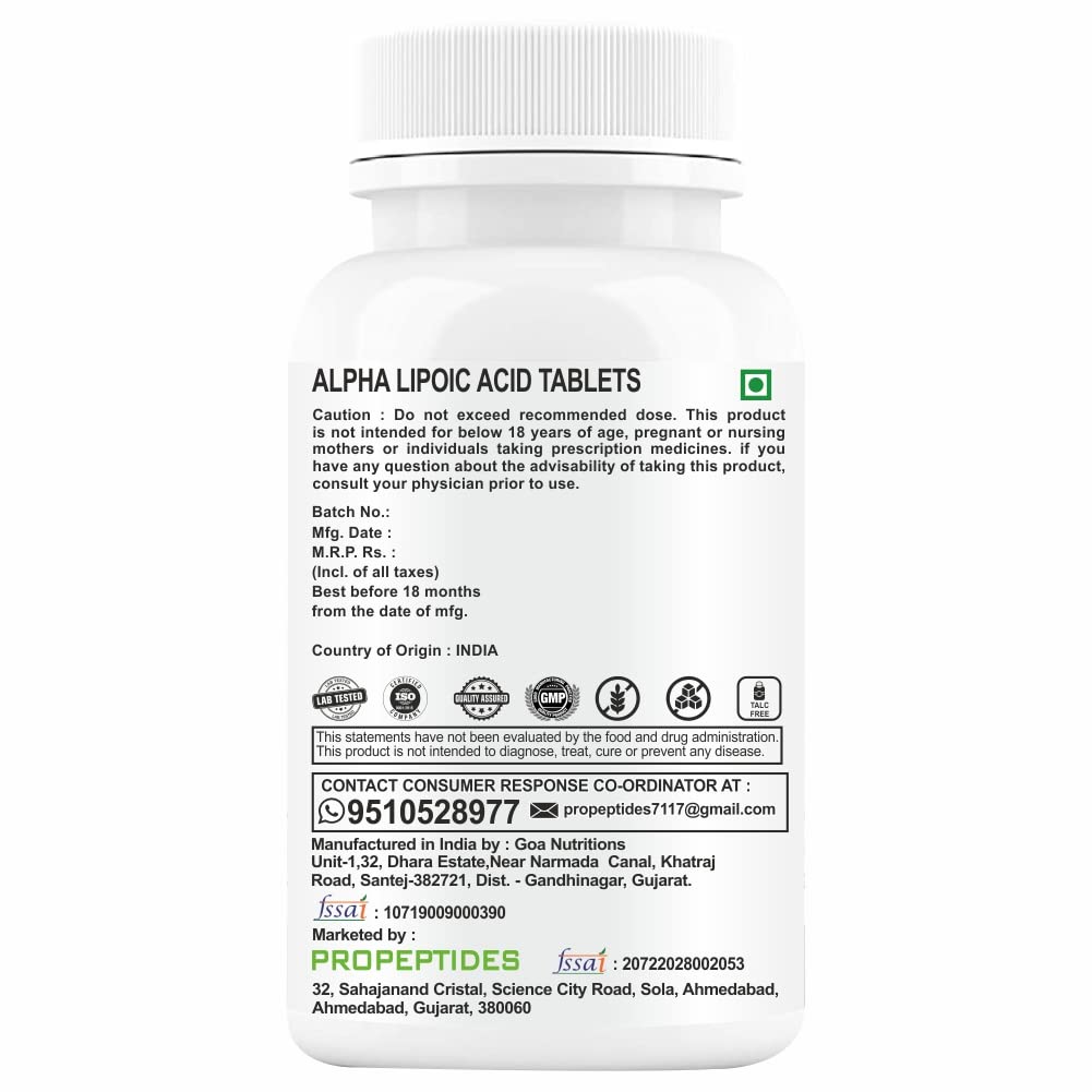 Propeptides Alpha Lipoic Acid 600mg Supplement | 99.98% High Potency ALA | Support Nerve Health and Neuropathy | Antioxidant for Cellular Energy & Metabolic Health | 60 Tablets