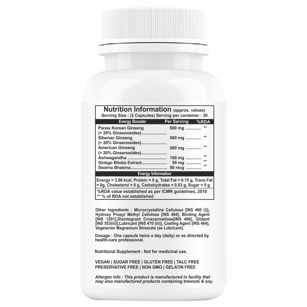 Ginseng Capsules For Men With Korean Red Siberian Ginseng Root, Ashwagandha Powder Extract & Ginkgo Biloba To Boost Stamina, Energy, Focus, And Good Health-60 Tablets (Pack 1)