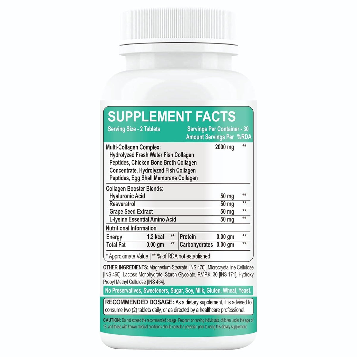 Multi Collagen Supplement Tablets – Hydrolyzed Collagen Peptides Type I, II, III, V & X for Glowing Skin, Hair & Joint Health | 60 Tablets