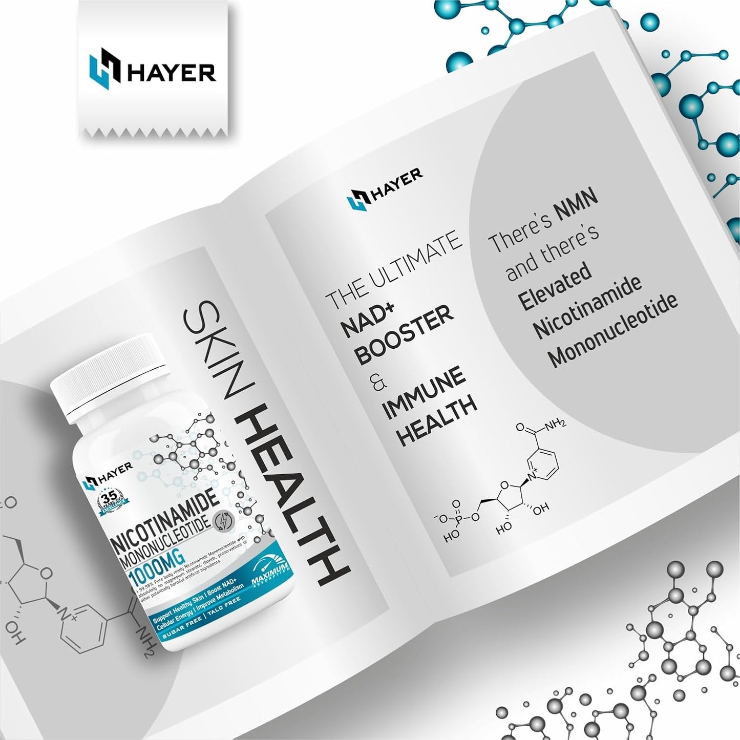 HAYER NMN Supplements 1000mg, Nicotinamide Mononucleotide With Trans Resveratrol To Support Cellular Energy Metabolism, Boosting NAD+ Healthy Aging of Heart, Brain & Skin-60 Tablets (Pack 1)
