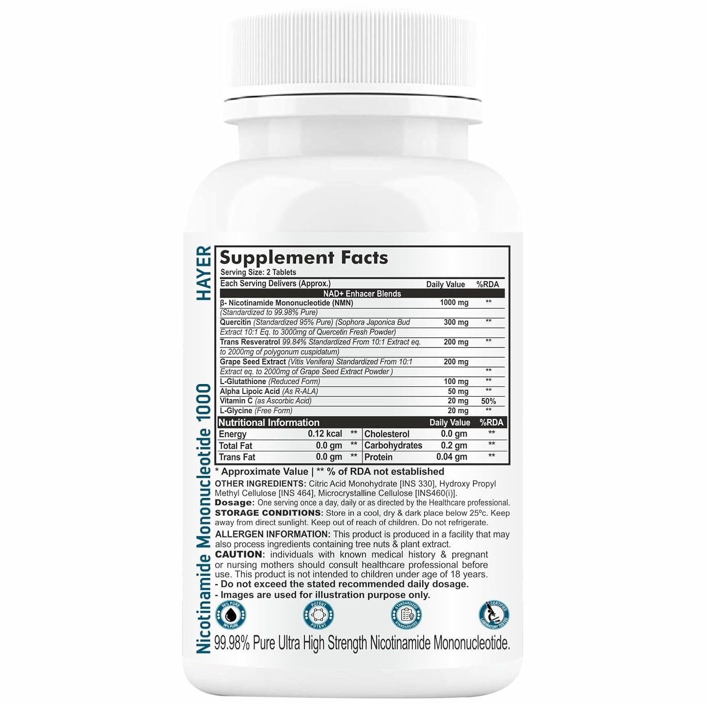 HAYER NMN Supplements 1000mg, Nicotinamide Mononucleotide With Trans Resveratrol To Support Cellular Energy Metabolism, Boosting NAD+ Healthy Aging of Heart, Brain & Skin-30 Tablets (Pack 1)