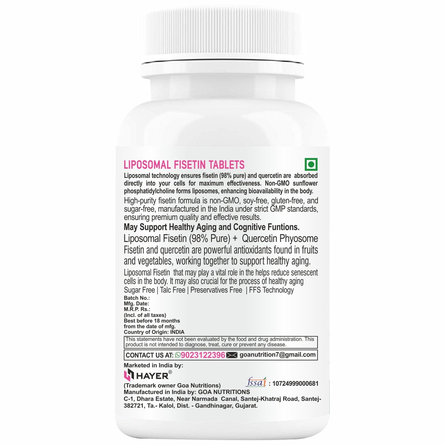 HAYER Liposomal Fisetin Supplement 1200mg With Quercetin, 30 Tablets