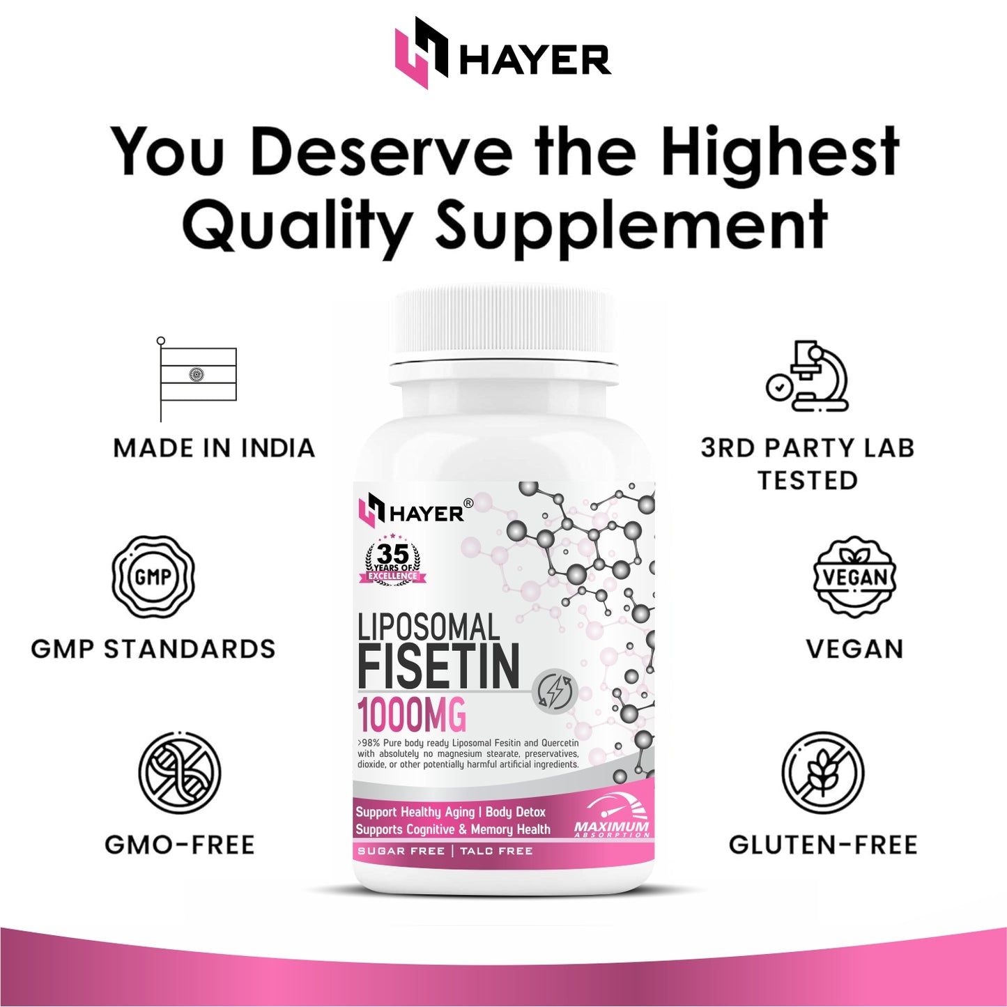 HAYER Liposomal Fisetin Supplement 1200mg With Quercetin, 30 Tablets
