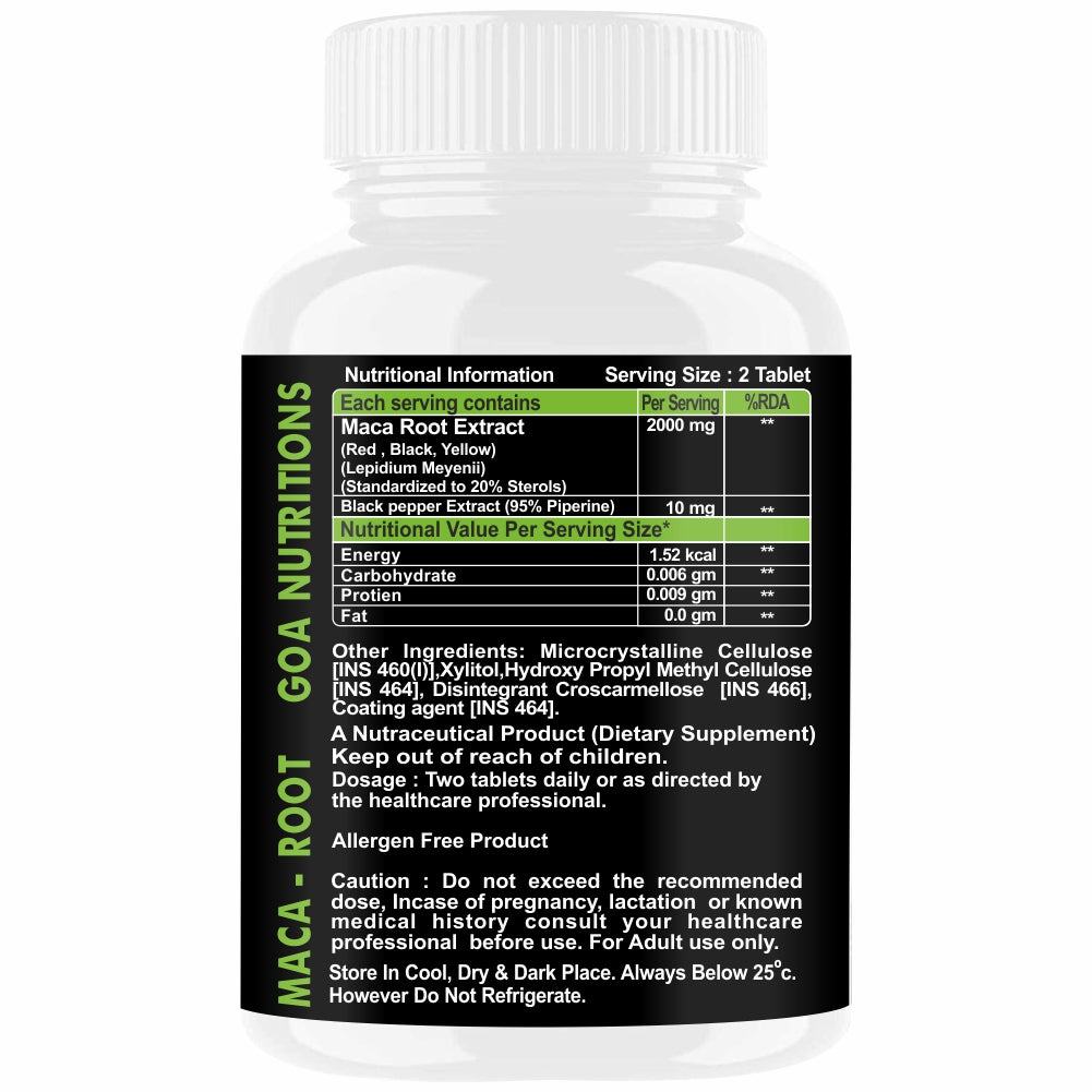 GOA NUTRITIONS Maca Root Extract Adaptogen Complex Red, Black and Yellow Grade, As Dietary Supplement, No Sugar, Preservatives, And Talc -60 Tablets