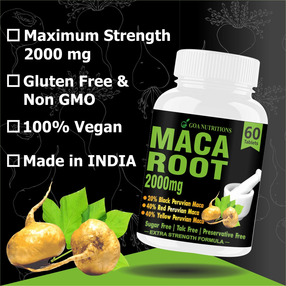 GOA NUTRITIONS Maca Root Extract Adaptogen Complex Red, Black and Yellow Grade, As Dietary Supplement, No Sugar, Preservatives, And Talc -60 Tablets