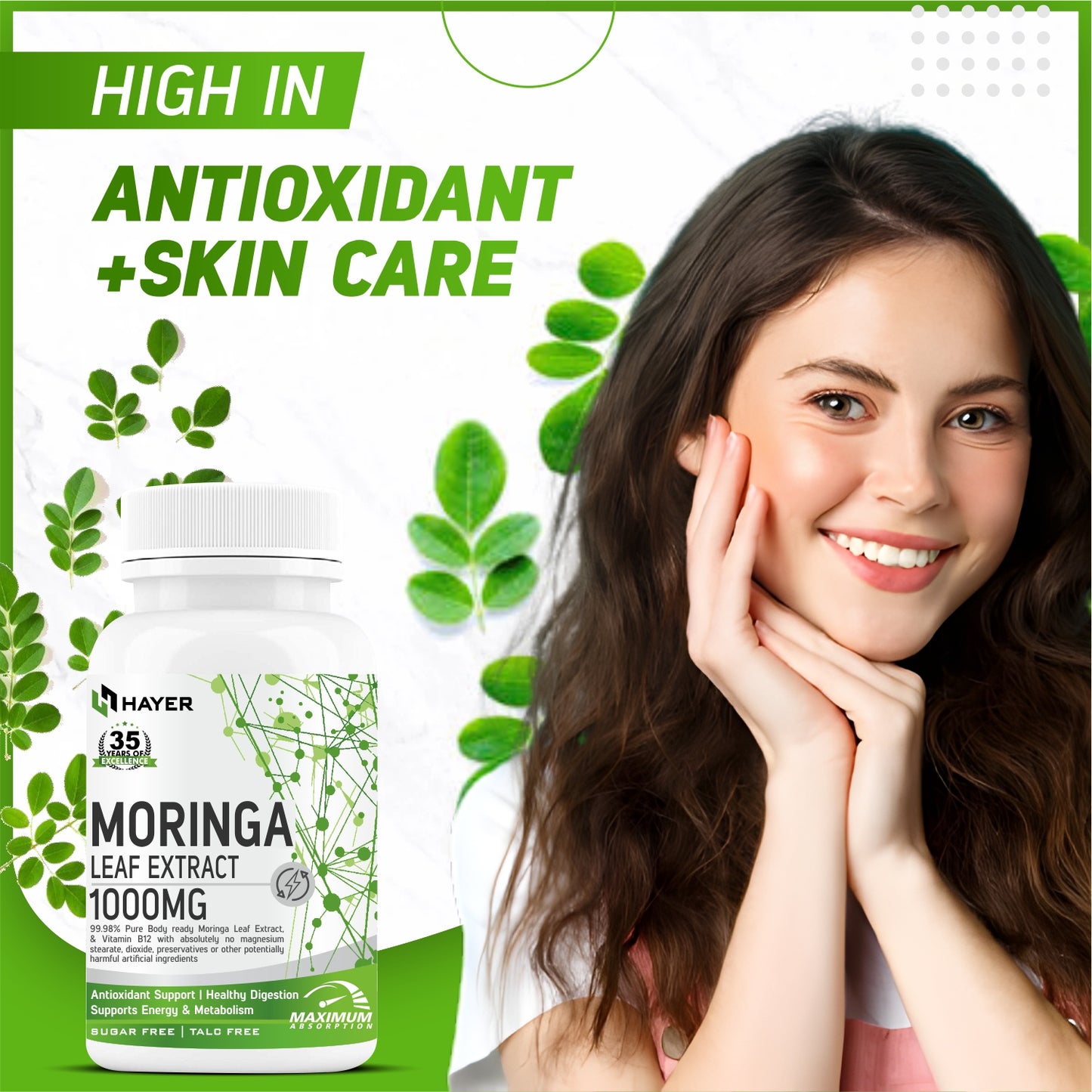 HAYER Moringa Tablets 1000MG Organic Leaf Powder, Good Health Supplement-60 Tablet