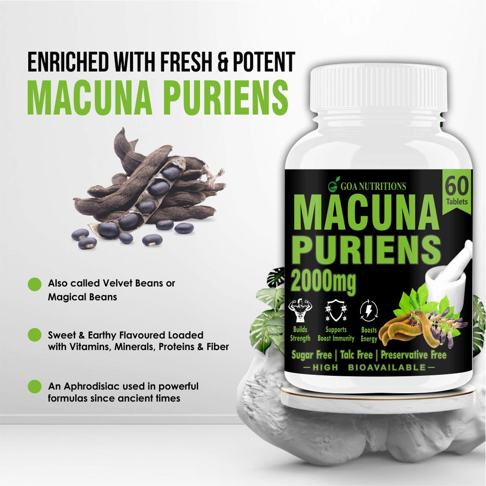 GOA NUTRITIONS Mucuna Pruriens Tablets Kapikachhu Extract 2000 mg (20% L-Dopa) To Support As Energy Booster -60 (Pack 1)