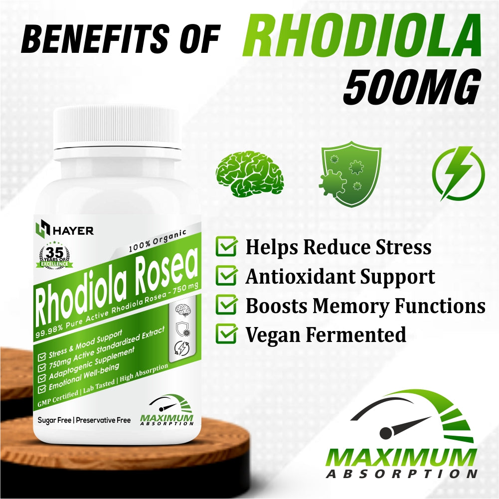 HAYER Rhodiola Rosea 750mg, High Potency Adaptogenic Herb Supplement For Brain 60 Vegetarian Tablets
