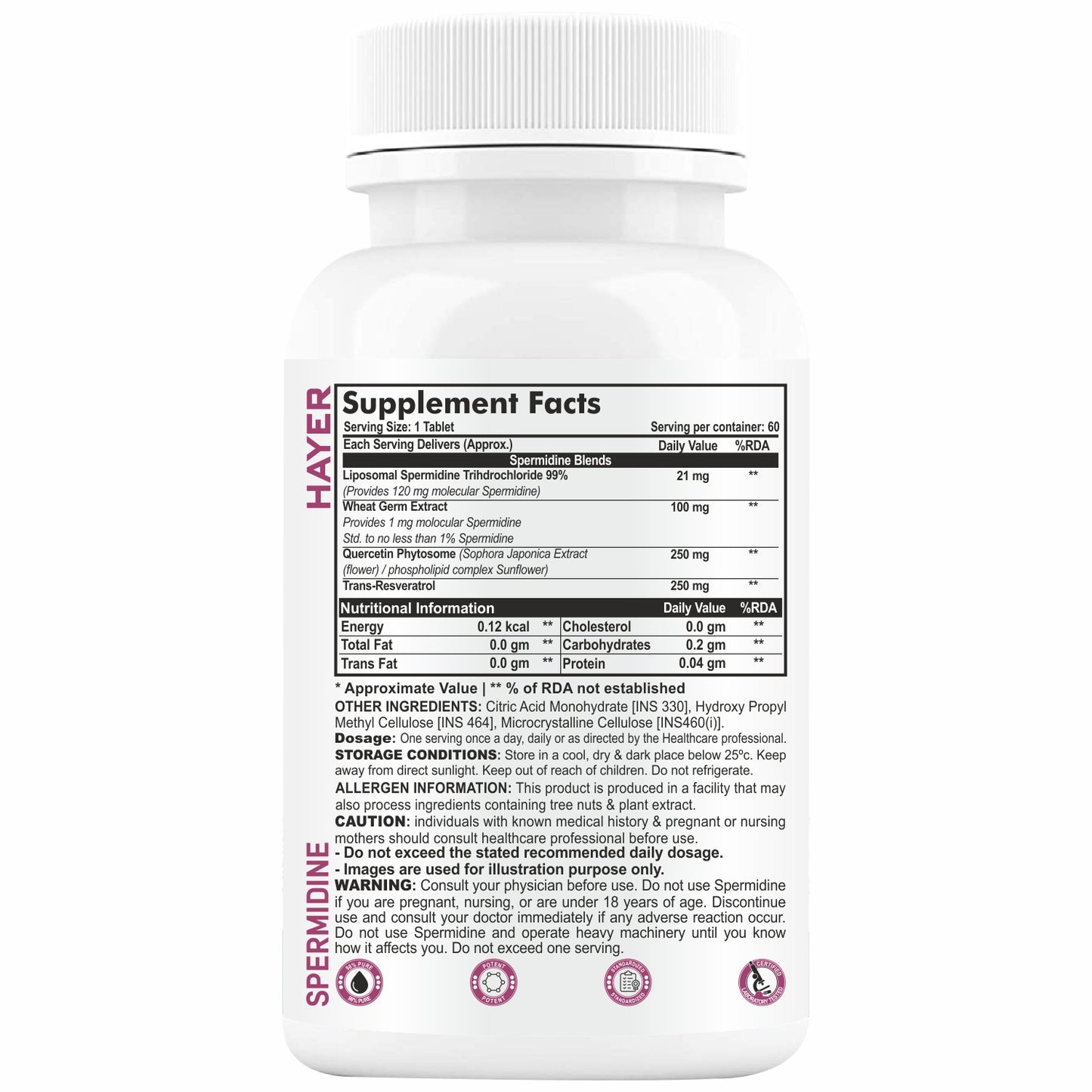 HAYER Liposomal Spermidine Supplement,98%+ Highly Purified and Bioavailable, 30 Tablets