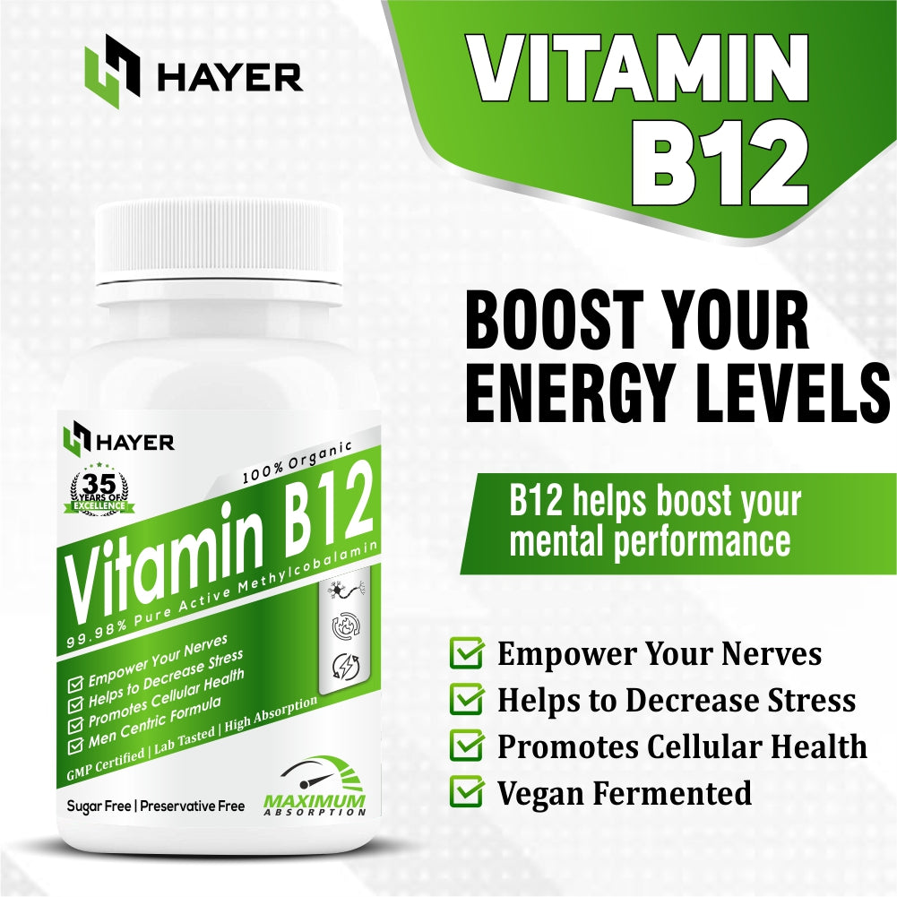 HAYER Vitamin B12 Tablets For Men, Healthy Nerve Function Supplements 60 Tablet Vegan