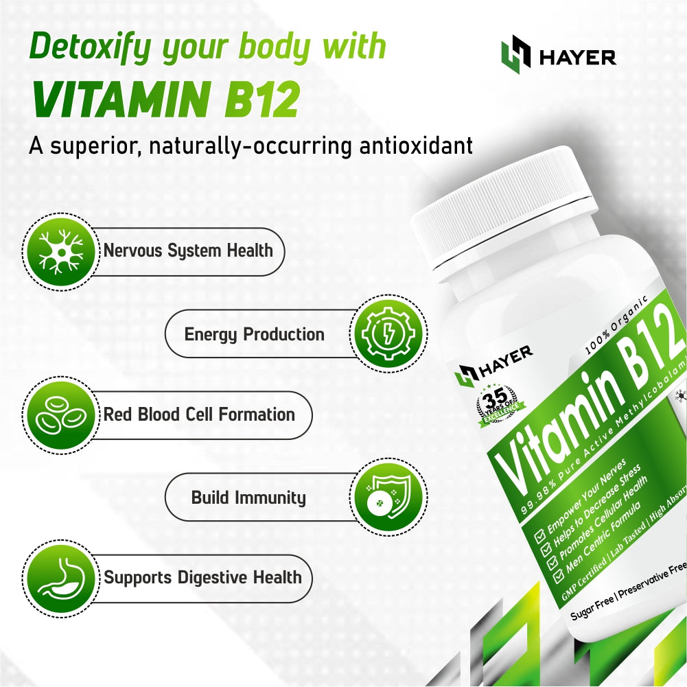 HAYER Vitamin B12 Tablets For Men, Healthy Nerve Function Supplements 60 Tablet Vegan