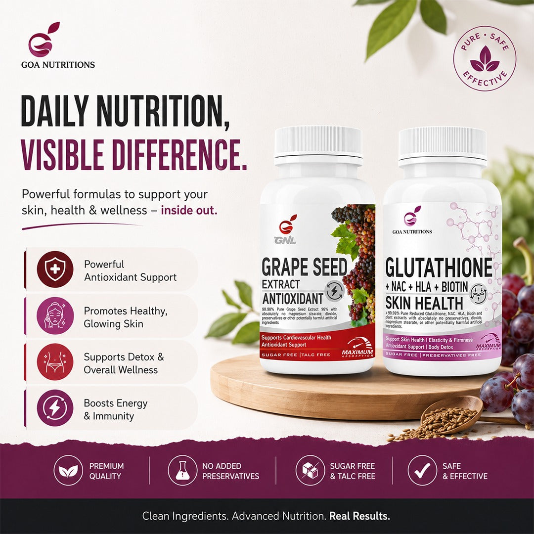 Glutathione Tablets & Grape Seed Extract Tablets – Antioxidant Supplement Pack for Supporting Skin Brightening, Cellular Protection & Daily Health – Combo pack of 2