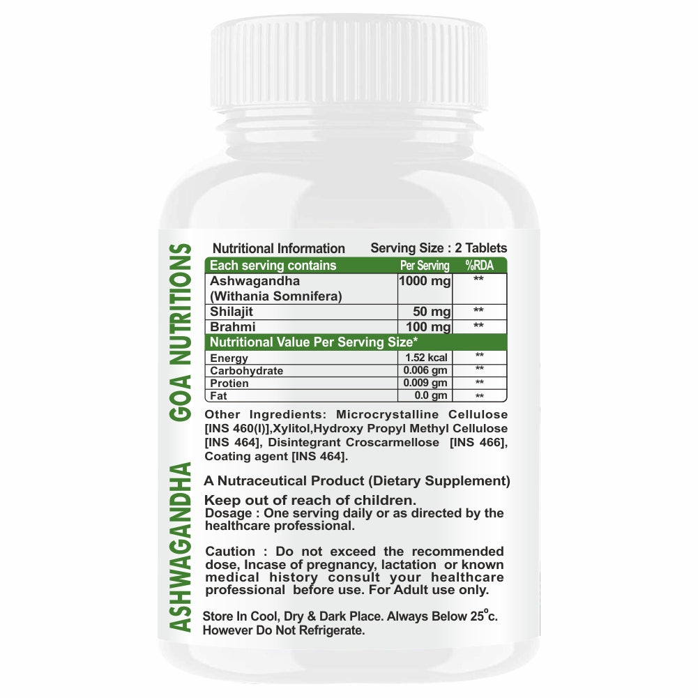 GOA NUTRITIONS Ashwagandha Powder For Men Women Exercise Pre-workout & Gym -120 Tablets