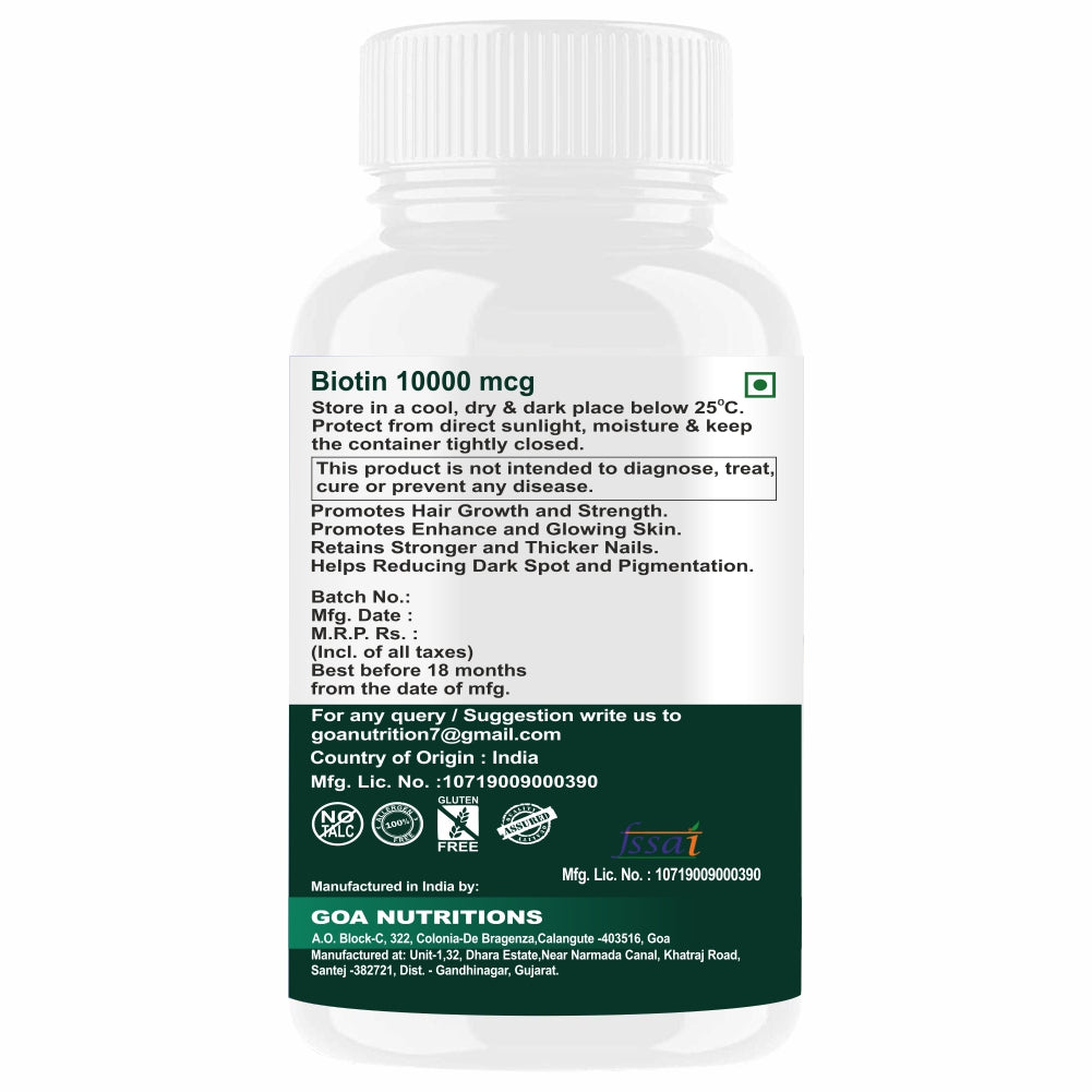 Goa Nutritions Biotin For Hair Growth With Vitamin A C E D3 and Zinc supplements - 60 Tablets