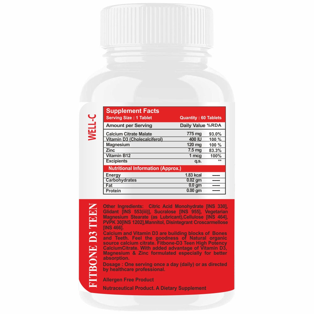 Well-C Calcium for Kids With Vitamin D (as d3) B12, C, Magnesium & Zinc (10 - 16 years) 120 Chewable Tablets