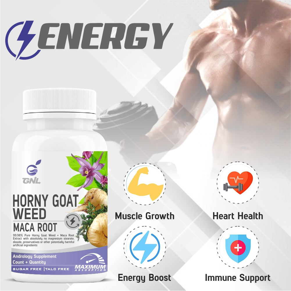 GNL Horny Goat Weed Powder And Maca Root, Organic Dietary Supplement With Absorption Enhancers 1000mg-60 Sugar Free Tablets