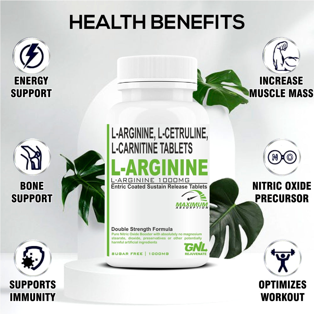 GNL L Arginine 1000mg Nitric Oxide Supplement with l carnitine, L Citrulline - 60 Veg No Sugar Tablets