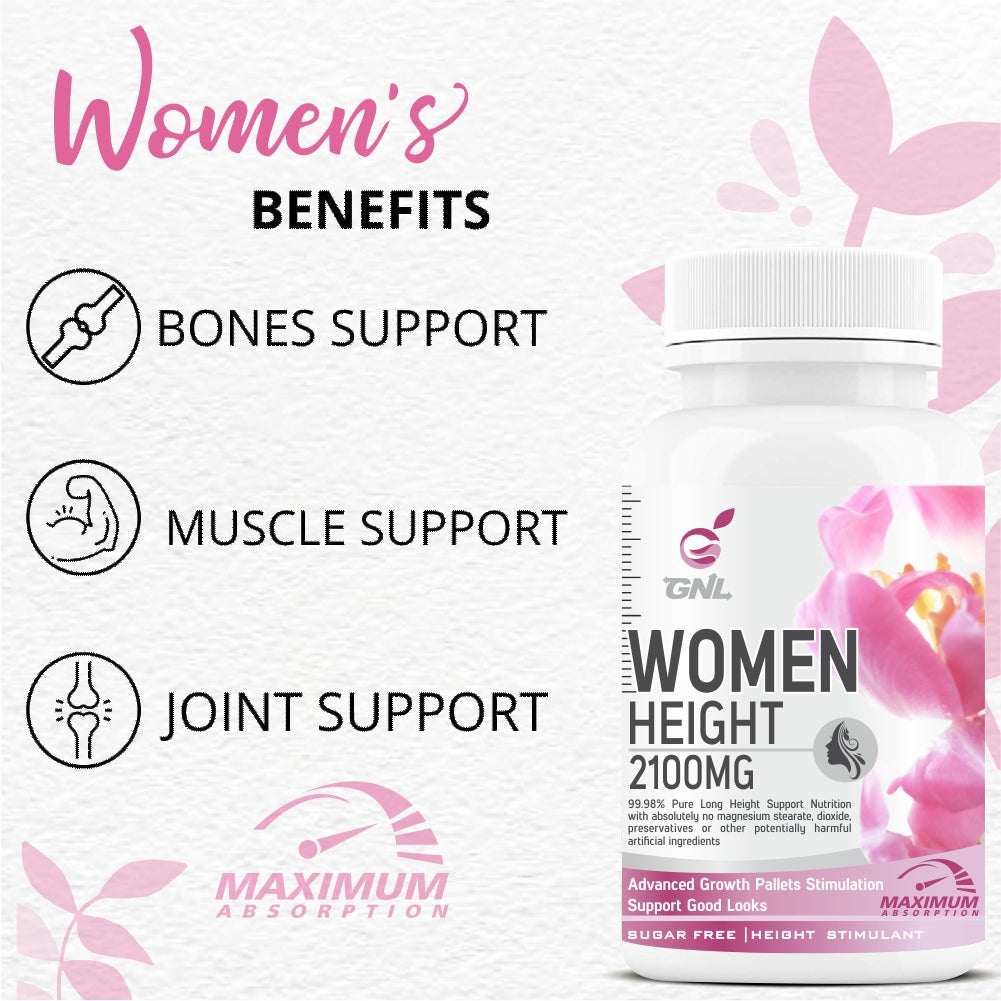 GNL Height Increase Medicine For Women With EAA, Minerals, Super Foods To Help Support Increasing Long Growth, Looks, And Strong Bones -60 Tablets