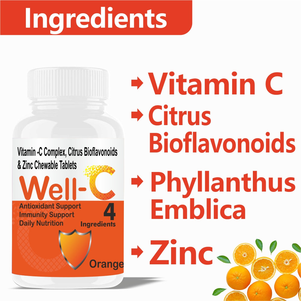 Well-C Vitamin C Tablets With Zinc Supplements Energy Stamina And Immunity Booster For Men women Kids | No Sugar Chewable Tablet - 60