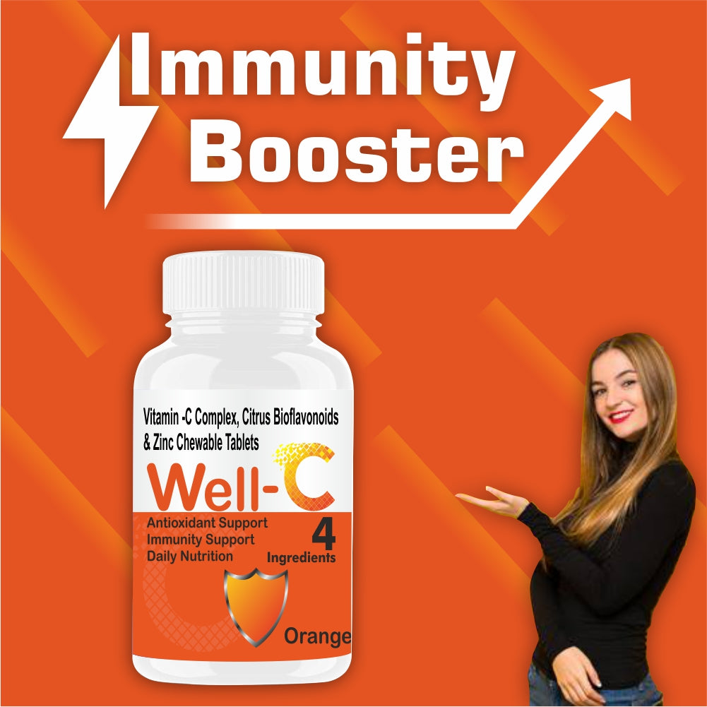 Well-C Vitamin C Tablets With Zinc Supplements Energy Stamina And Immunity Booster For Men women Kids | No Sugar Chewable Tablet - 60