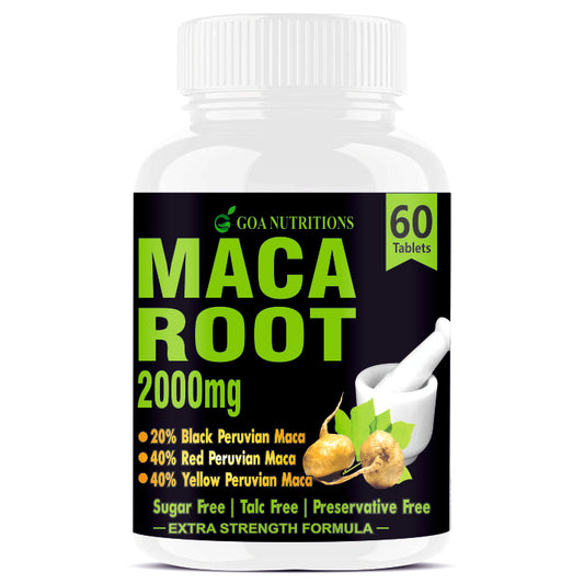 GOA NUTRITIONS Maca Root Extract Adaptogen Complex Red, Black and Yellow Grade, As Dietary Supplement, No Sugar, Preservatives, And Talc -60 Tablets