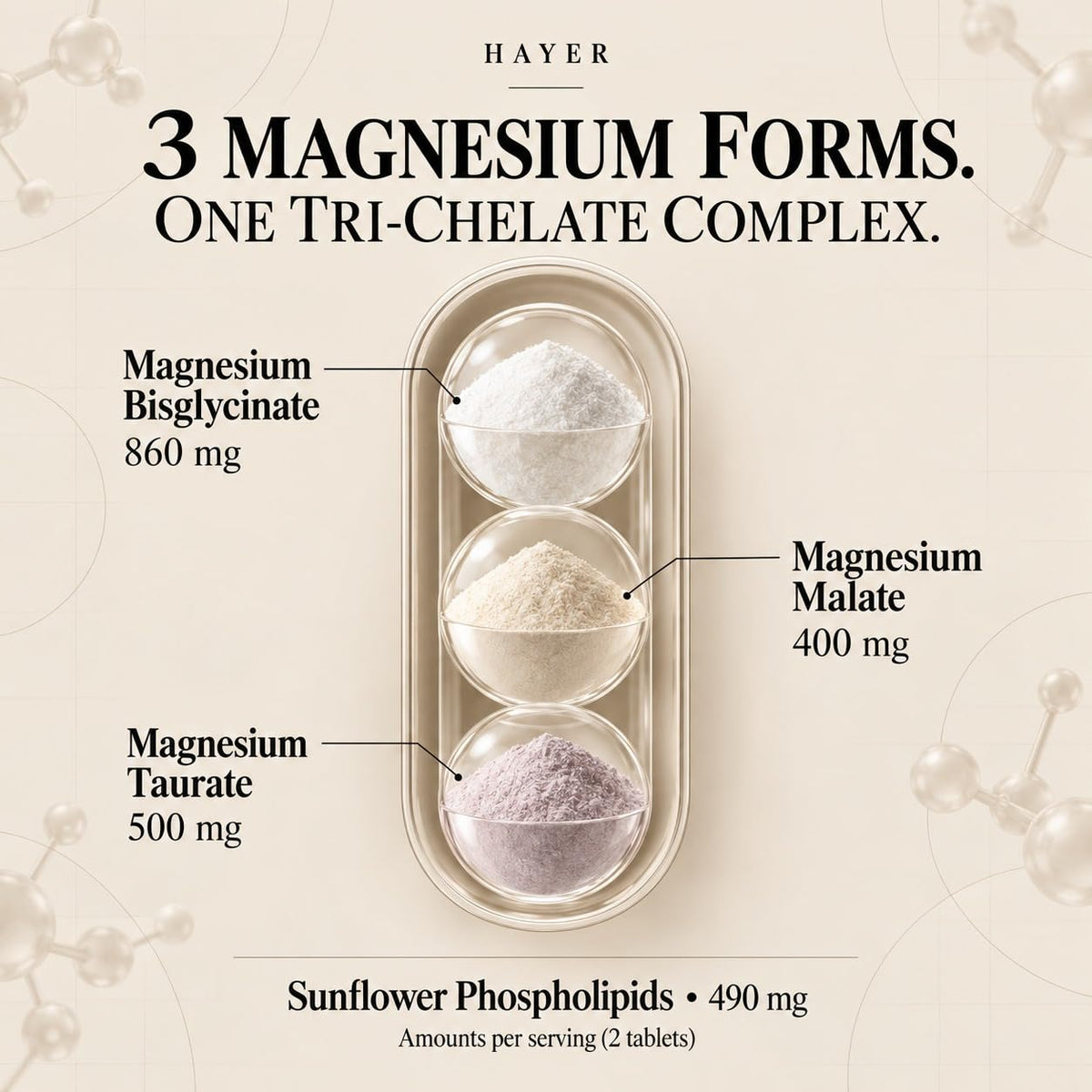 HAYER Liposomal Magnesium Glycinate Tri-Chelate (Bisglycinate, Malate & Taurate) 60 Veg Tablets