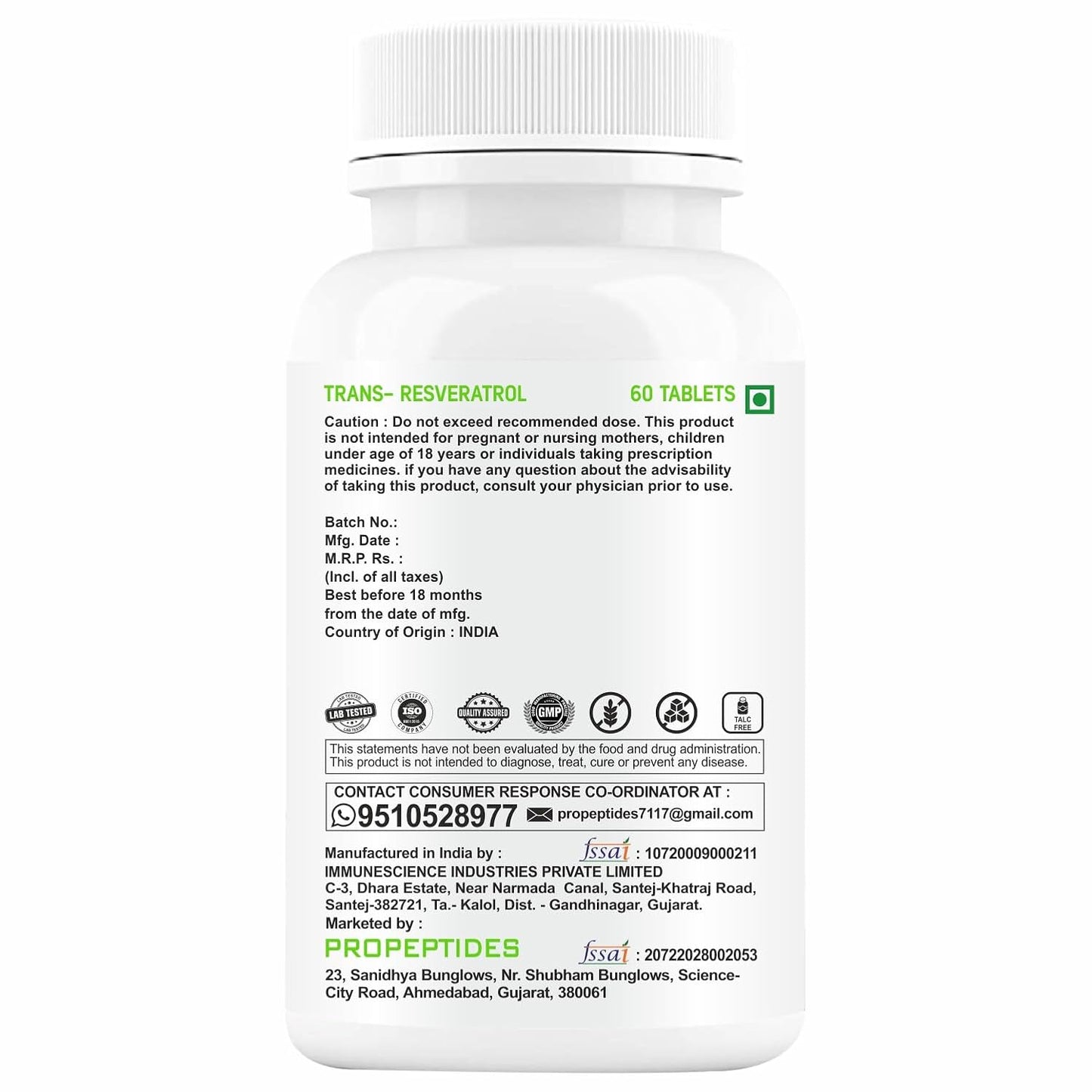 Resveratrol Supplements Trans 500 mg With Grape Seed Extract, Quercetin Powder, Pomegranate, Improves Metabolism And Heart Health Care Supplement- 60 Tablets (No Capsules Pack1)