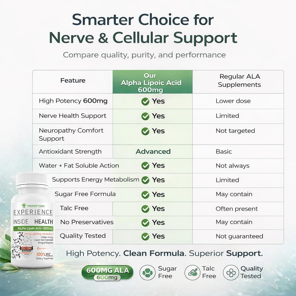 Propeptides Alpha Lipoic Acid 600mg Supplement | 99.98% High Potency ALA | Support Nerve Health and Neuropathy | Antioxidant for Cellular Energy & Metabolic Health | 60 Tablets