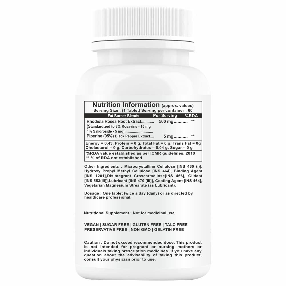 Rhodiola Rosea 500mg Adaptogen Supplement with Bioperine, Standardized 5% Salidroside | Vegetarian Tablets for Energy, Focus & Stress Support, Non-GMO, 60 Tablets