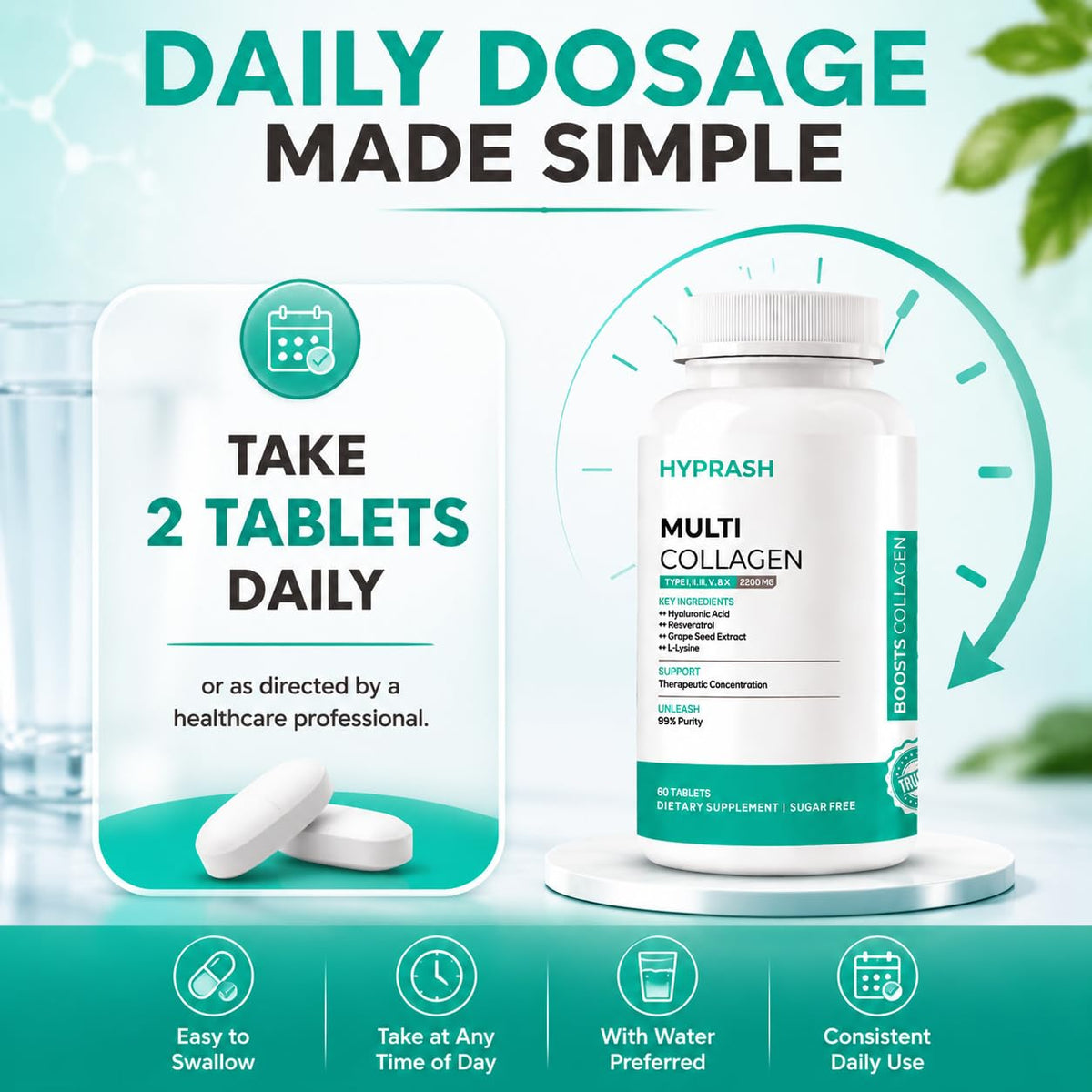 Multi Collagen Supplement Tablets – Hydrolyzed Collagen Peptides Type I, II, III, V & X for Glowing Skin, Hair & Joint Health | 60 Tablets