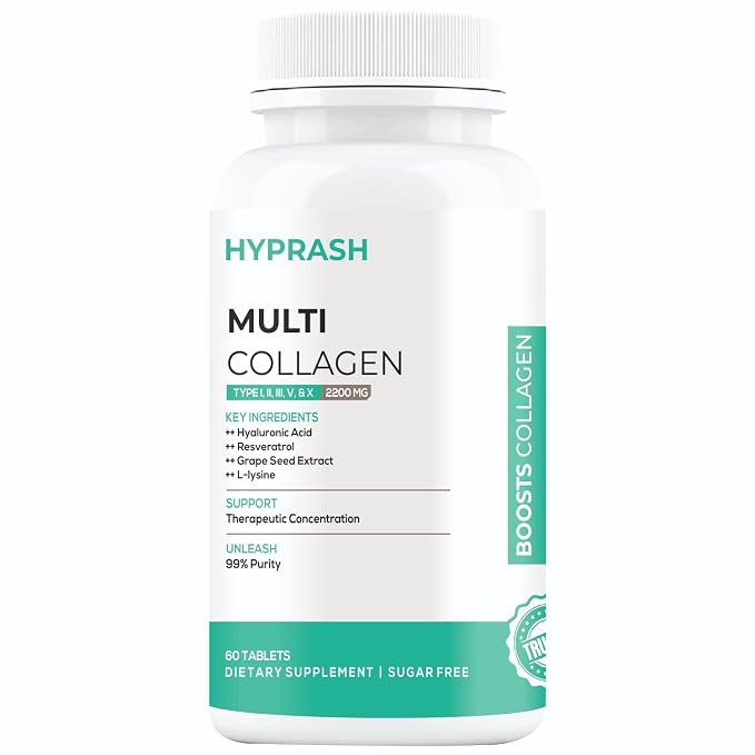 Multi Collagen Supplement Tablets – Hydrolyzed Collagen Peptides Type I, II, III, V & X for Glowing Skin, Hair & Joint Health | 60 Tablets