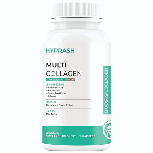 Multi Collagen Supplement Tablets – Hydrolyzed Collagen Peptides Type I, II, III, V & X for Glowing Skin, Hair & Joint Health | 60 Tablets