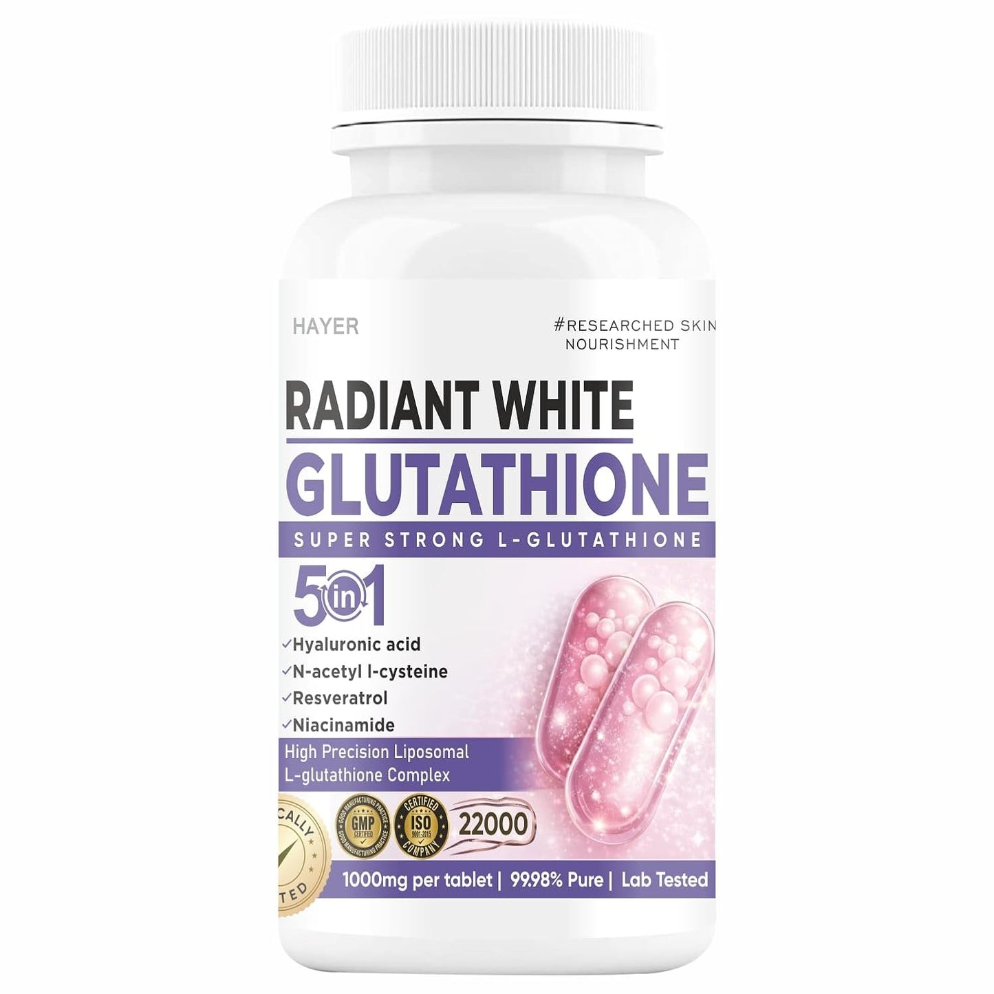 Liposomal Glutathione by Hayer for Skin Whitening 1000mg, 99% Skin Supplements 60 Tablets