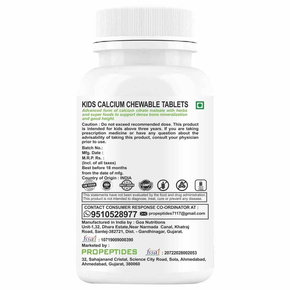 Calcium for Kids | Propeptides Calcium Chewable Tablets with Vitamin D3 | 60 Tablets
