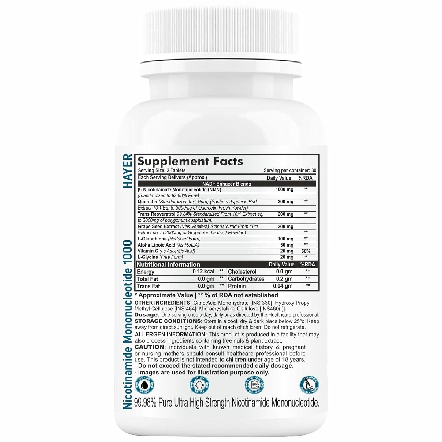 HAYER NMN Supplements 1000mg, Nicotinamide Mononucleotide With Trans Resveratrol To Support Cellular Energy Metabolism, Boosting NAD+ Healthy Aging of Heart, Brain & Skin-60 Tablets (Pack 1)