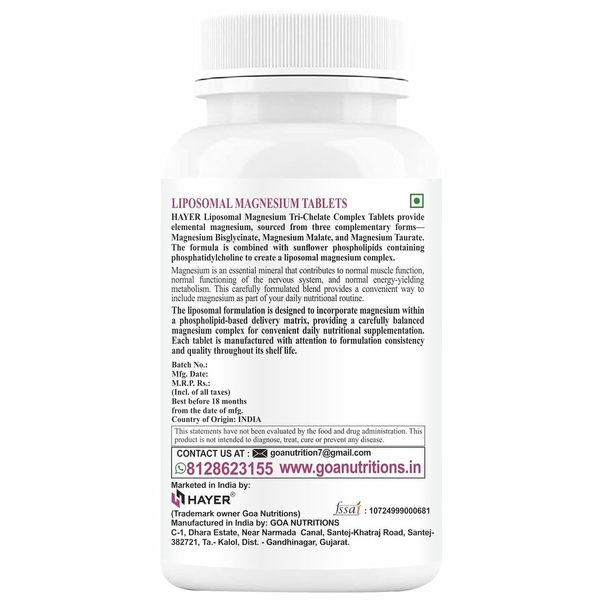HAYER Liposomal Magnesium Glycinate Tri-Chelate (Bisglycinate, Malate & Taurate) 60 Veg Tablets
