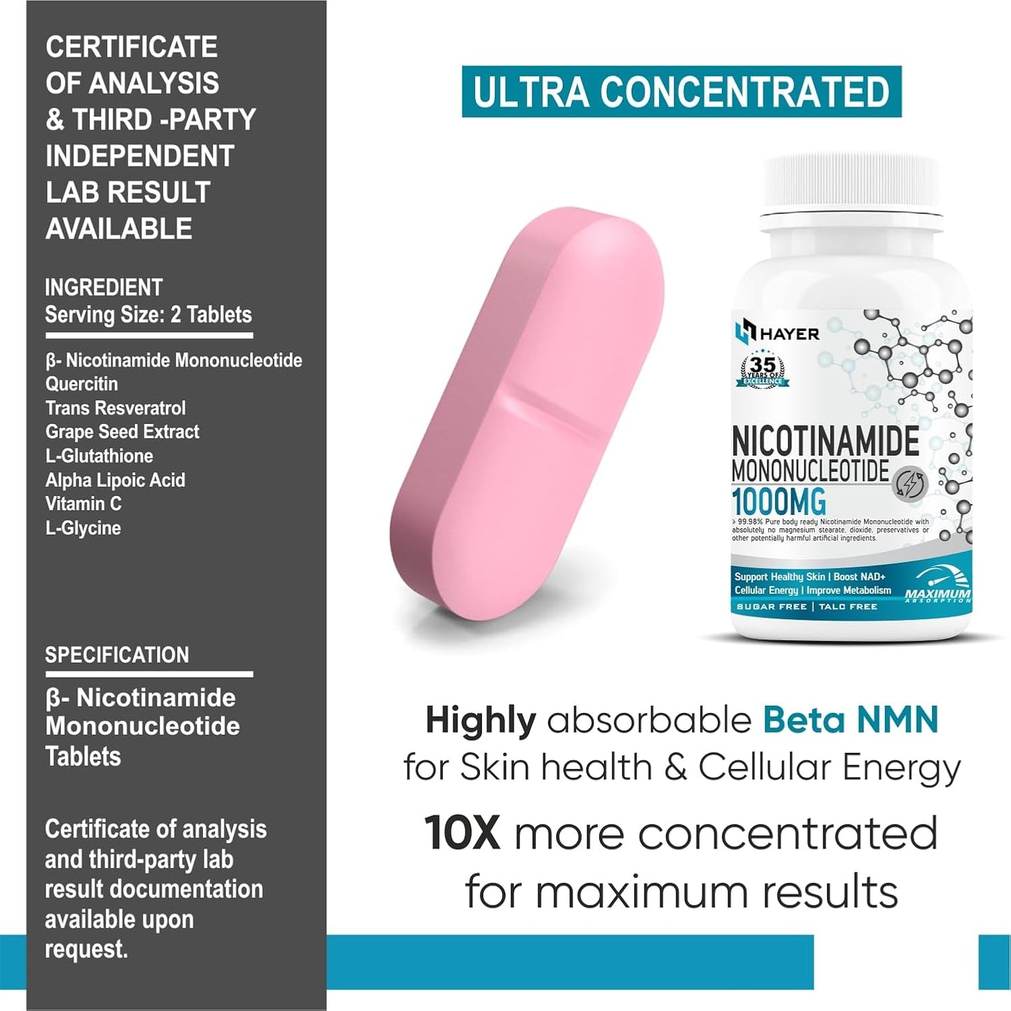 HAYER NMN Supplements 1000mg, Nicotinamide Mononucleotide With Trans Resveratrol To Support Cellular Energy Metabolism, Boosting NAD+ Healthy Aging of Heart, Brain &amp; Skin-30 Tablets (Pack 1)