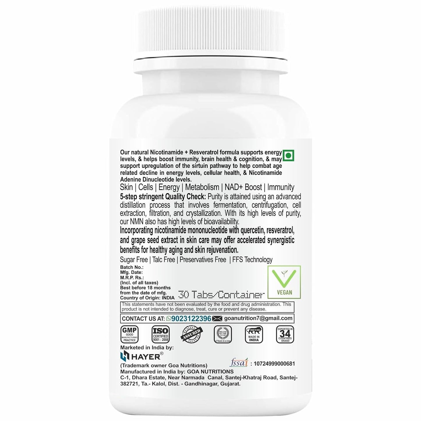 HAYER NMN Supplements 1000mg, Nicotinamide Mononucleotide With Trans Resveratrol To Support Cellular Energy Metabolism, Boosting NAD+ Healthy Aging of Heart, Brain &amp; Skin-30 Tablets (Pack 1)