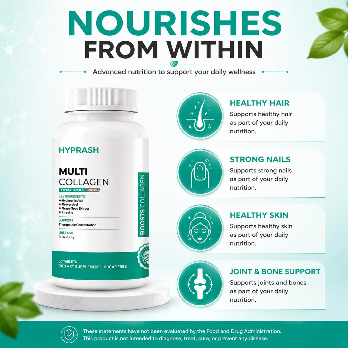 Multi Collagen Supplement Tablets – Hydrolyzed Collagen Peptides Type I, II, III, V & X for Glowing Skin, Hair & Joint Health | 60 Tablets