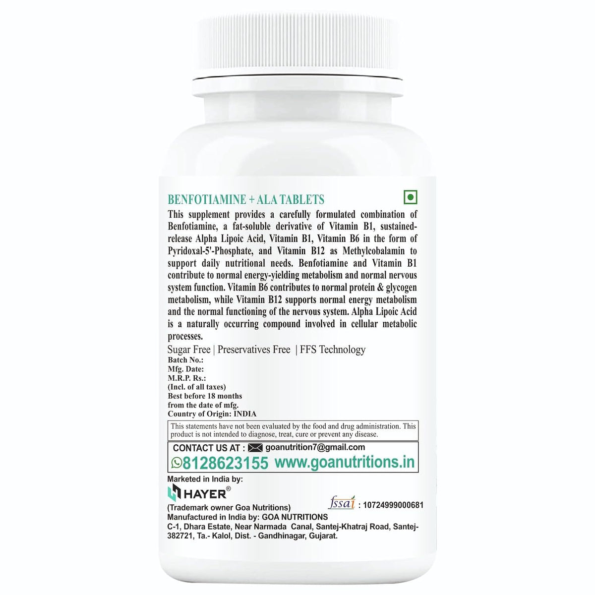 HAYER Benfotiamine 600mg + Alpha Lipoic Acid 600mg  60 Tablets