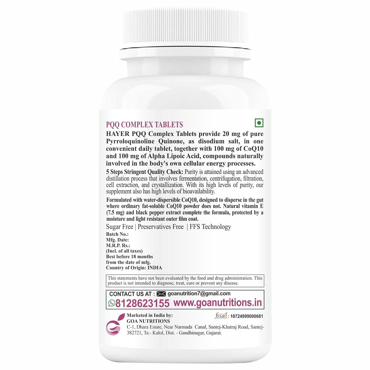 HAYER PQQ Complex 20mg with Kaneka Ubiquinol CoQ10 100mg, Alpha Lipoic Acid & Vitamin E | Mitochondrial Energy Support | Sugar Free, Preservative Free Tablets
