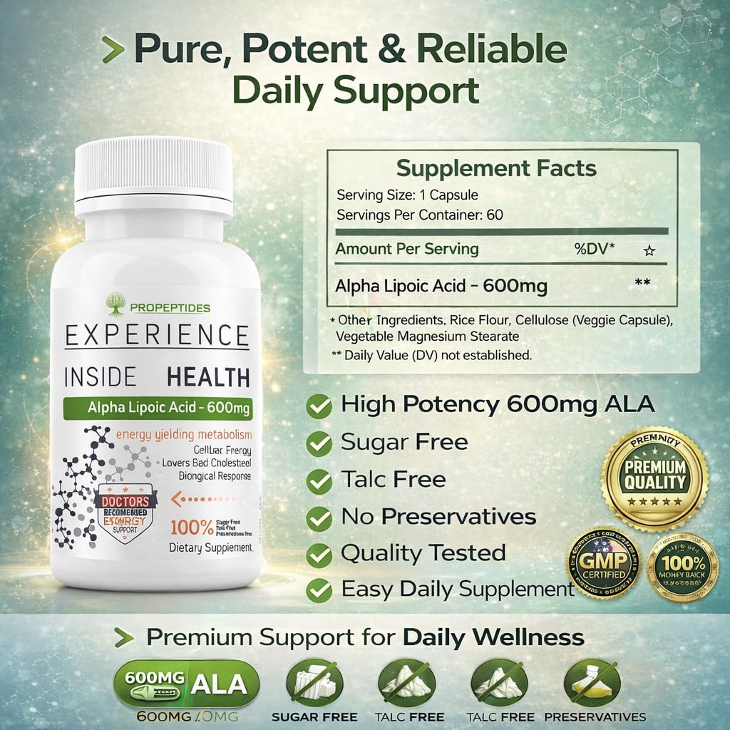 Propeptides Alpha Lipoic Acid 600mg Supplement | 99.98% High Potency ALA | Support Nerve Health and Neuropathy | Antioxidant for Cellular Energy & Metabolic Health | 60 Tablets