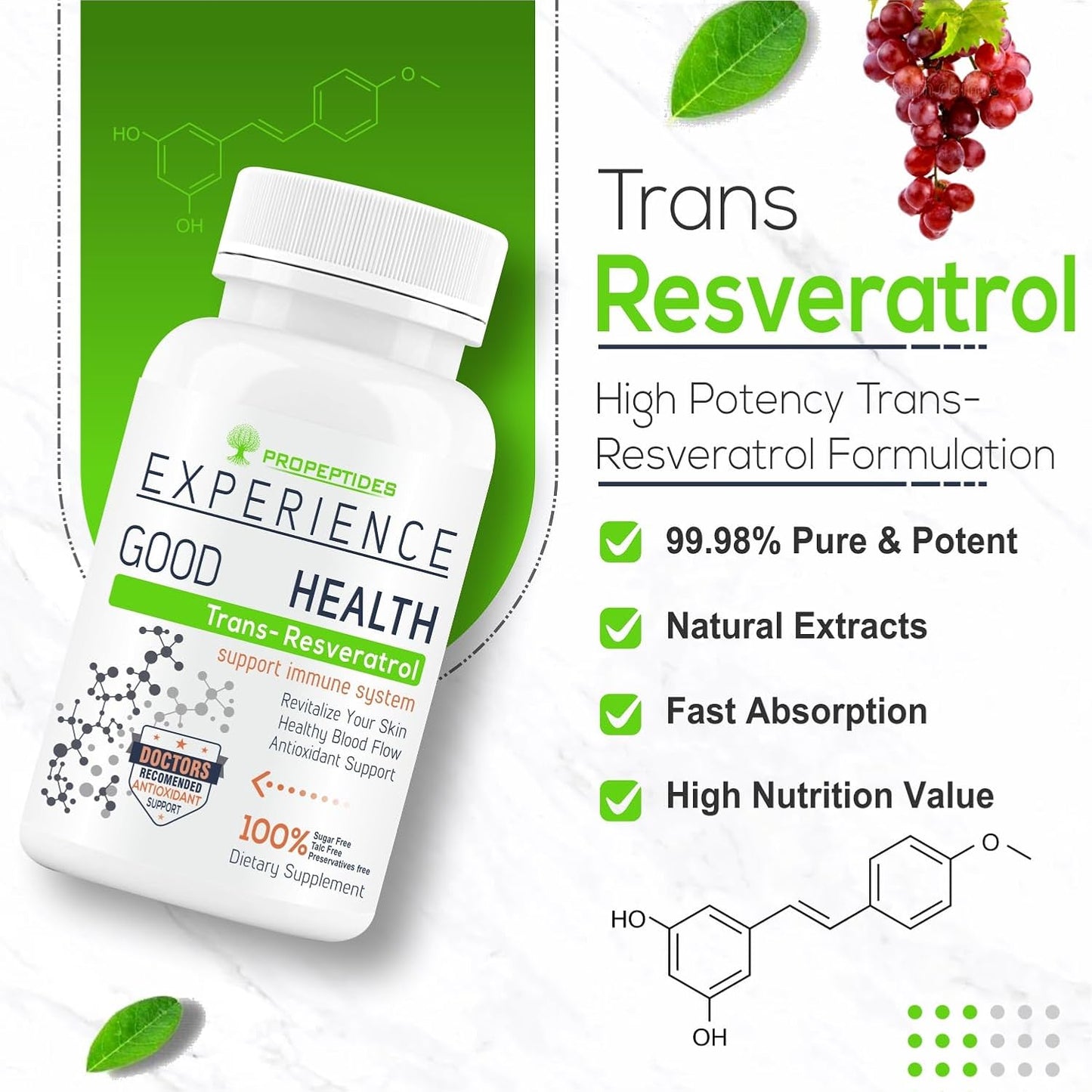 Resveratrol Supplements Trans 500 mg With Grape Seed Extract, Quercetin Powder, Pomegranate, Improves Metabolism And Heart Health Care Supplement- 60 Tablets (No Capsules Pack1)