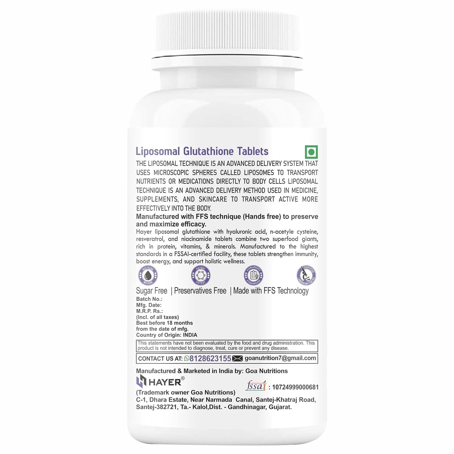 Liposomal Glutathione by Hayer for Skin Whitening 1000mg, 99% Skin Supplements 60 Tablets