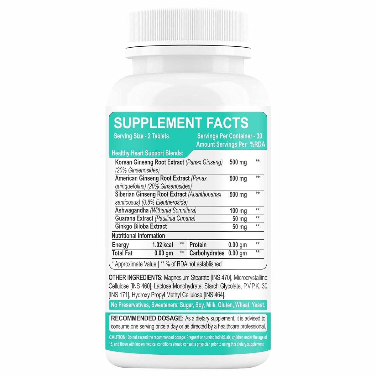 Korean Red Ginseng Tablets 1700mg | Ginkgo & Ashwagandha | 60 Tablets