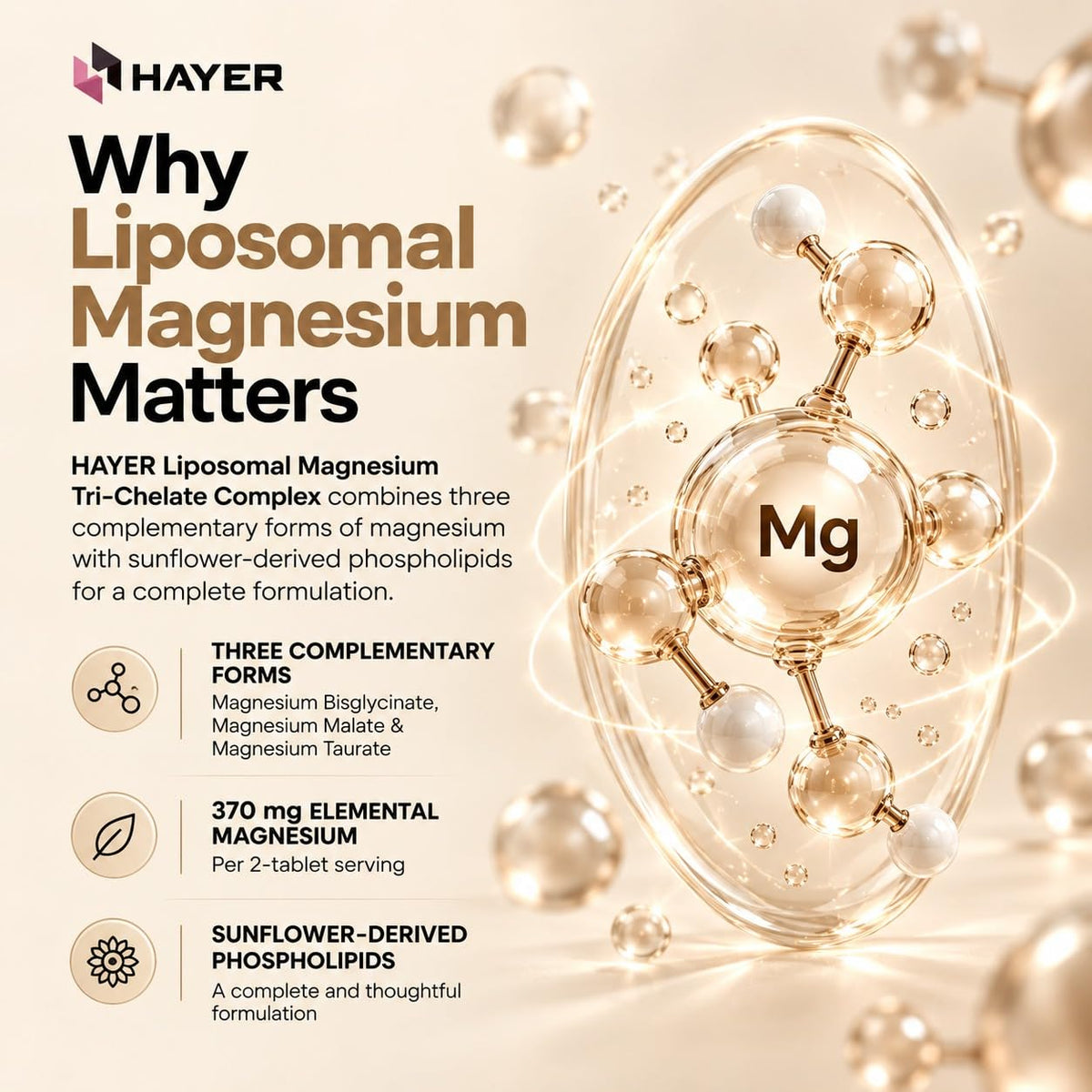 HAYER Liposomal Magnesium Glycinate Tri-Chelate (Bisglycinate, Malate & Taurate) 60 Veg Tablets