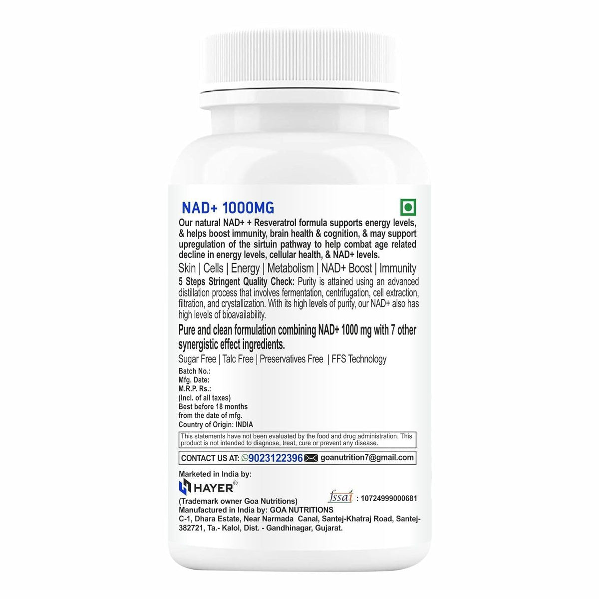 HAYER NAD+ 1000mg with Trans Resveratrol & Quercetin 120 NAD Tablets