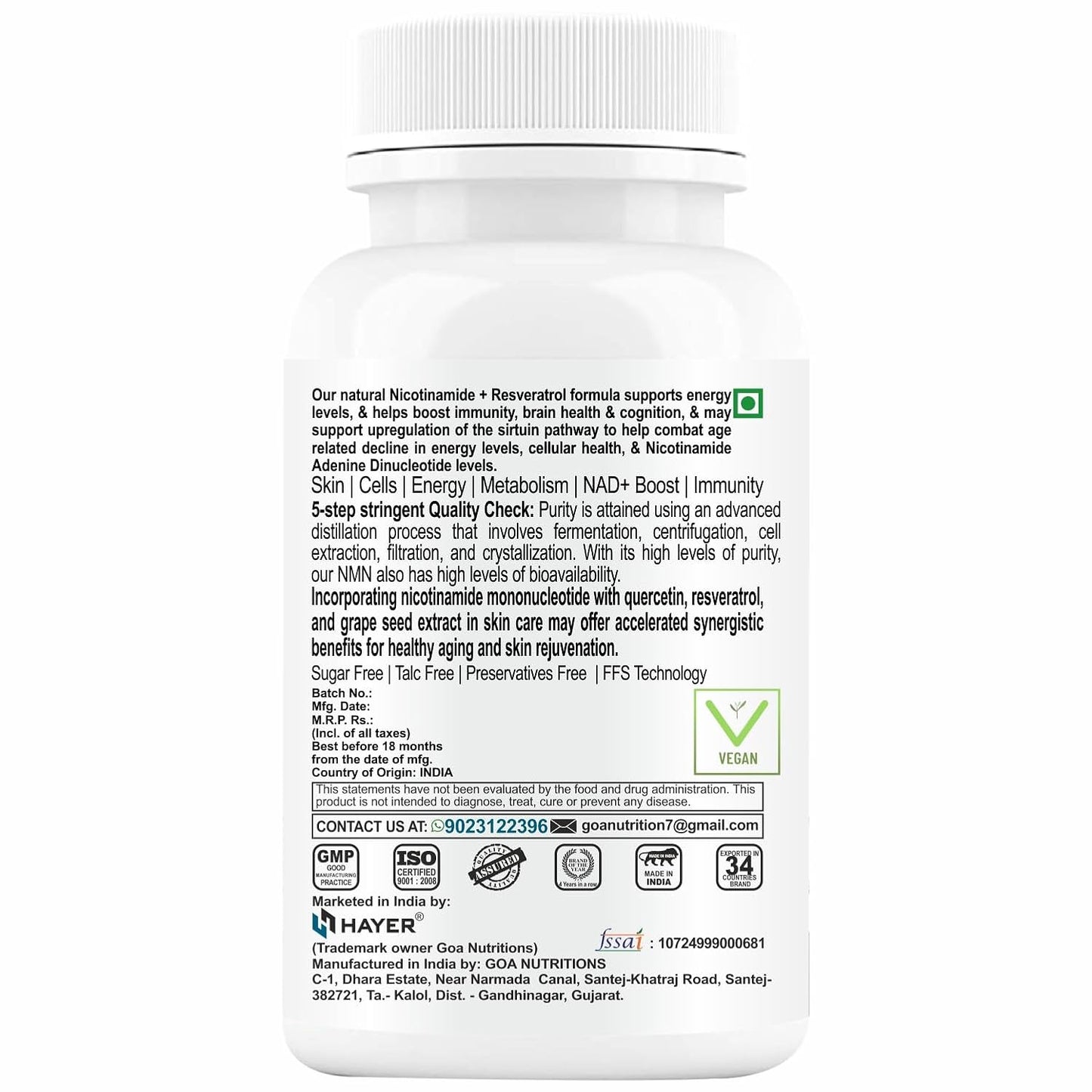HAYER NMN Supplements 1000mg, Nicotinamide Mononucleotide With Trans Resveratrol To Support Cellular Energy Metabolism, Boosting NAD+ Healthy Aging of Heart, Brain & Skin-60 Tablets (Pack 1)