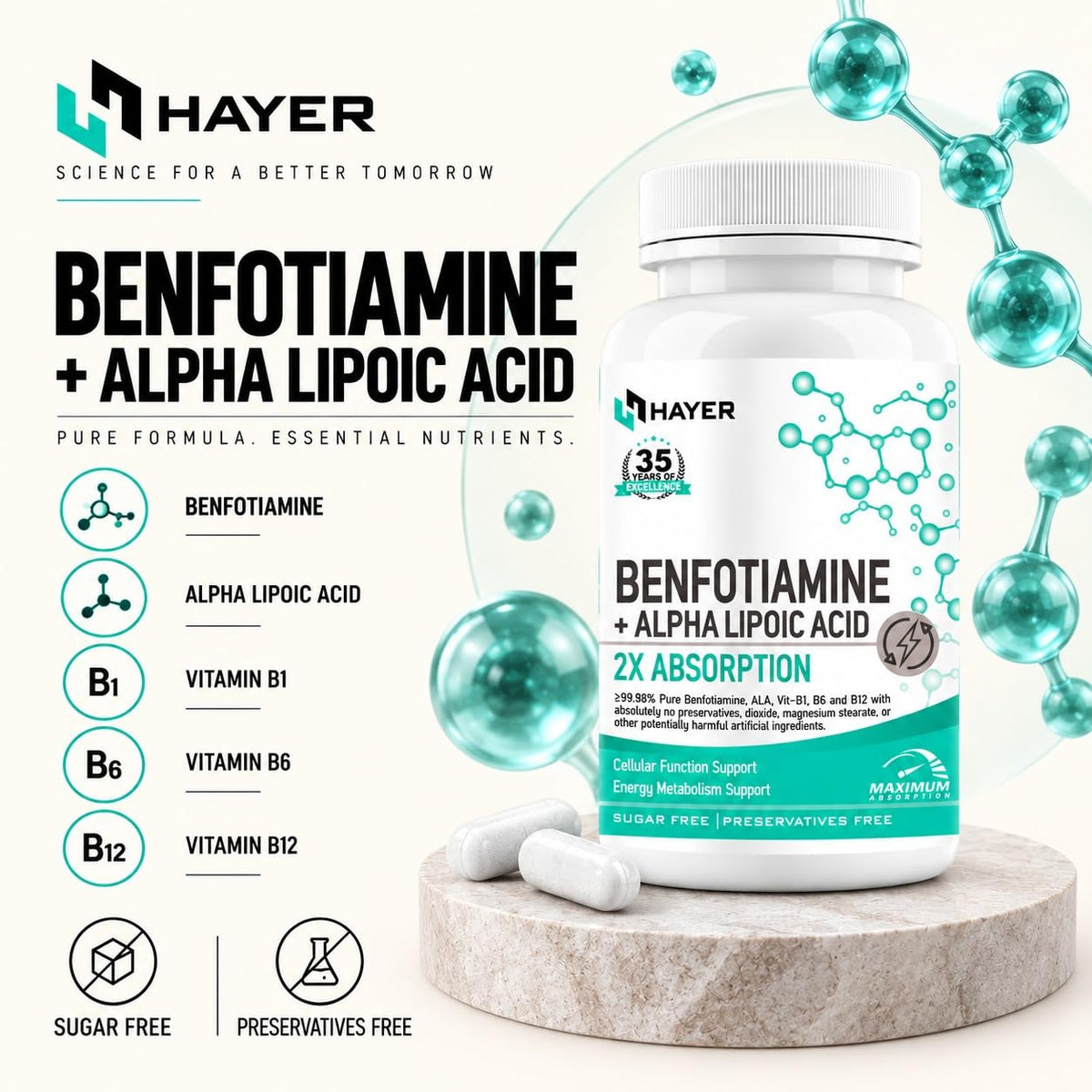 HAYER Benfotiamine 600mg + Alpha Lipoic Acid 600mg  60 Tablets