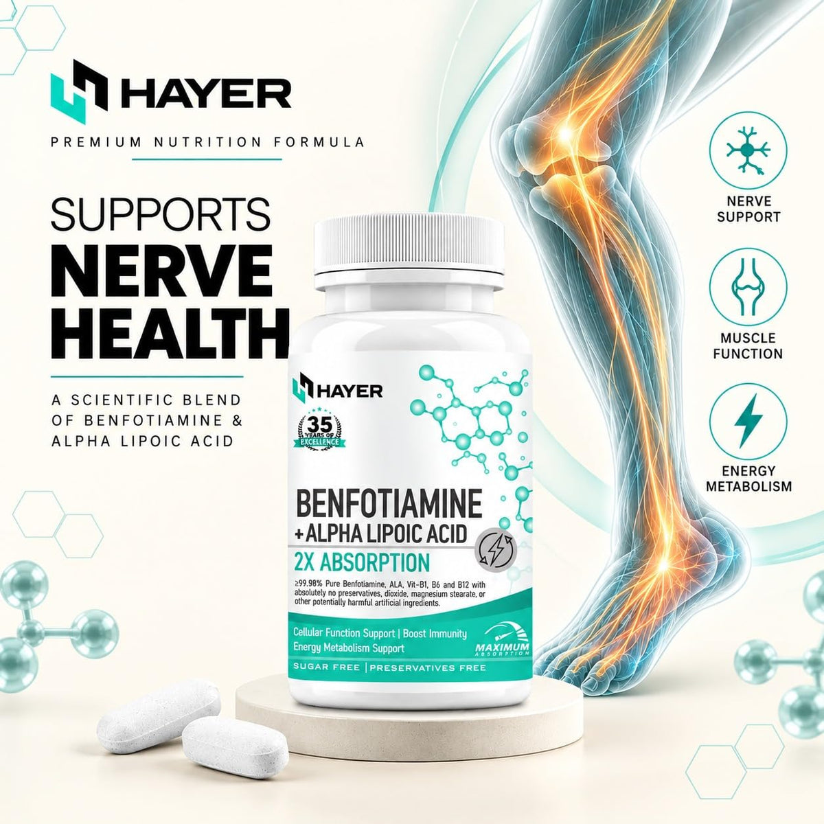 HAYER Benfotiamine 600mg + Alpha Lipoic Acid 600mg  60 Tablets